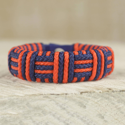 Pulsera de cordón - Pulsera de rayas de cordón azul y naranja hecha a mano en Ghana