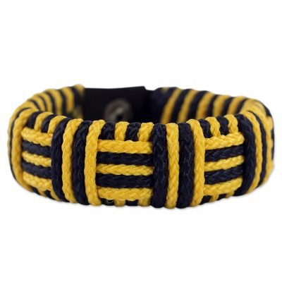 Cord bracelet, 'Yellow and Black Kente Power' - Yellow and Black Cord Striped Bracelet Handmade in Ghana