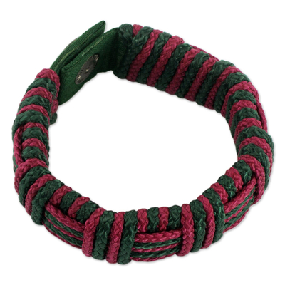 Cord bracelet, 'Red and Green Kente Power' - Red and Green Cord Striped Bracelet Handmade in Ghana