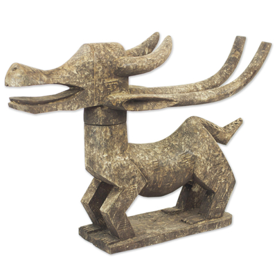 Brown Wood Antelope Sculpture Hand Carved by Ghana Artisan