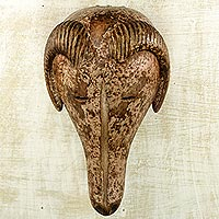 African wood mask, 'Totemic Ram' - Hand Made Wood Wall Mask Burkina Faso from West Africa