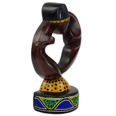 Beaded wood sculpture, 'Ikenna' - Hand Carved Wooden Figure With Colorful Recycled Glass Beads