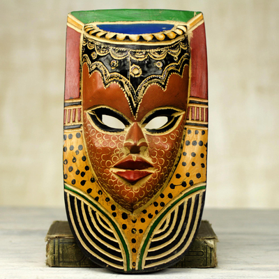 African wood mask, 'Queen on the Wall' - Hand Carved Sese Wood Mask Decorated With Paint and Aluminum