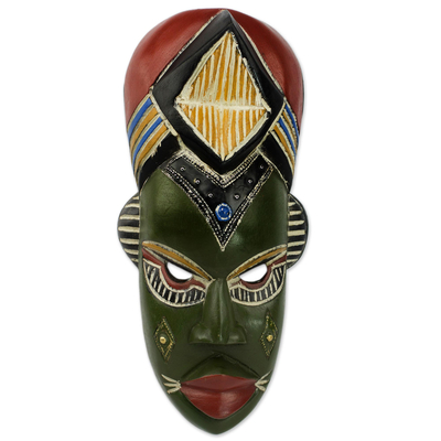 African wood mask, 'Nwanneka' - Hand Crafted Multicolor Painted Rubberwood Mask from Ghana