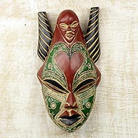 African wood mask, 'Strong Dejen' - African Rubberwood and Aluminum Multicolored Mask from Ghana