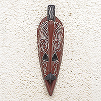 African wood mask, 'Amarachi' - Hand Crafted Brown Painted Sese Wood Wall Mask from Ghana