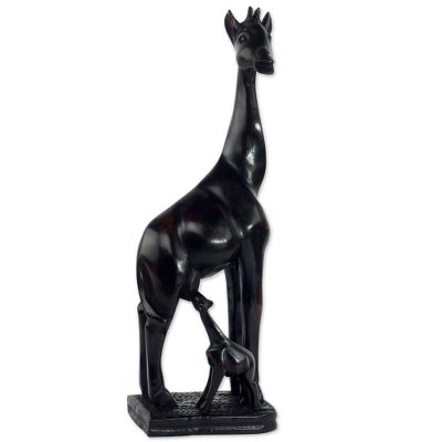 Wood sculpture, 'Giraffe Mother and Child' - Hand Carved Sese Wood Giraffe Sculpture from Ghana
