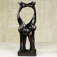 Wood sculpture, 'Entwined Giraffes' - Hand Carved, Painted, and Polished Sese Wood Sculpture