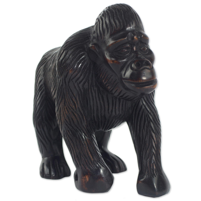 Wood statuette, 'Walking Gorilla' - Hand Carved Sese Wood Gorilla Statuette from Ghana