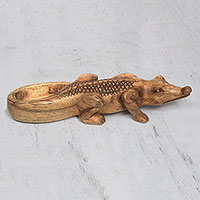 Teak wood sculpture, 'Sacred Crocodile' - Hand Carved Teak Wood Crocodile Sculpture with Textured Back