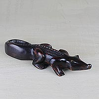 Teak wood crocodile sculpture, 'Odenkyem in Black' - Hand Carved Teak Wood Crocodile Sculpture from Ghana