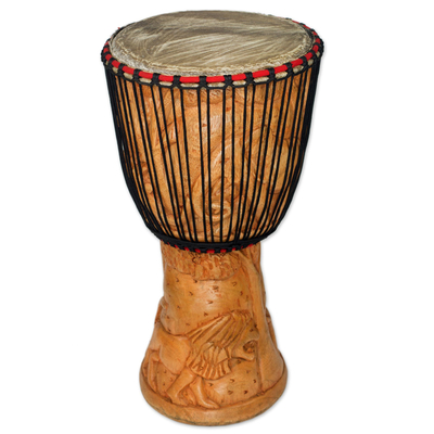 Wood djembe drum, 'Peace Drum' - Djembe Drum with African Nature Carvings