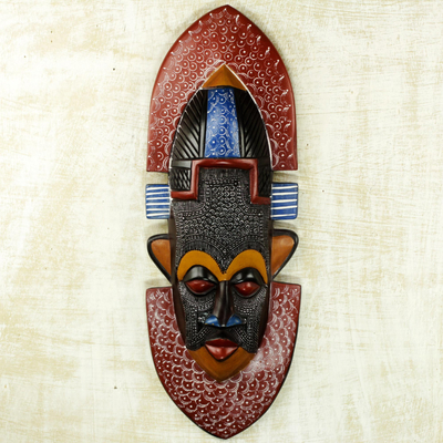 African aluminum and wood mask, 'Asuodom Pride' - Hand Made Wood Aluminum African Mask from Ghana