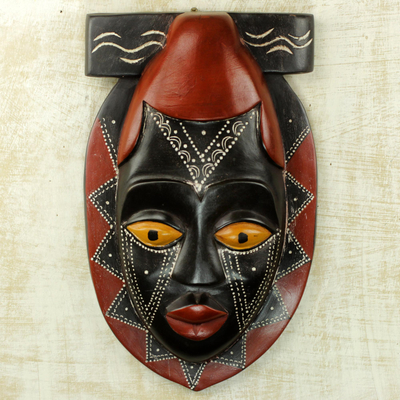 African wood mask, 'Buruwa' - Black and Red African Wood Mask Hand Carved by Ghana Artisan