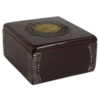 Decorative wood box, 'Ghanaian Keepsake' - Hand Made Wood Box Aluminum Accent from Ghana