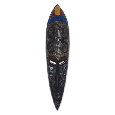 Máscara africana de madera y aluminio, 'Orgullo' - Máscara de pared Adinkra de madera y aluminio de África Occidental tallada a mano