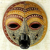 Máscara africana de madera, 'Edinam Luck' - Máscara africana de madera y aluminio hecha a mano de Ghana