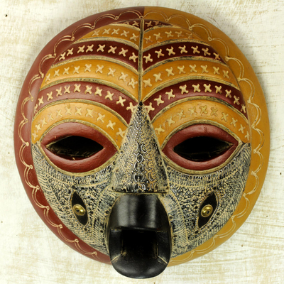 Wood African mask, 'Edinam Luck' - Hand Made Wood and Aluminum African Mask from Ghana