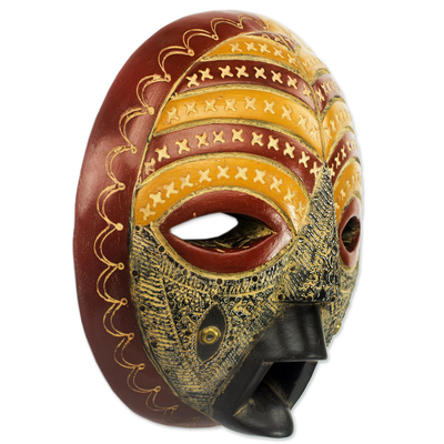 Wood African mask, 'Edinam Luck' - Hand Made Wood and Aluminum African Mask from Ghana