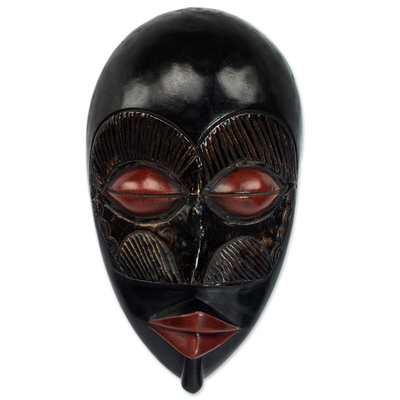 Handmade Black Sese Wood and Aluminum Mask from Ghana
