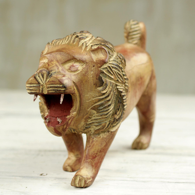 Wood sculpture, 'Gyata' - Artisan Carved Sese Wood Lion Sculpture with Rustic Finish