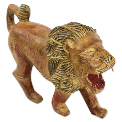 Escultura de madera - Escultura de León de Madera de Sesé Tallada Artesanalmente con Acabado Rústico