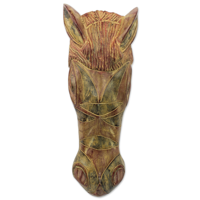 Afrikanische Holzmaske, 'Mounted Horse' (berittenes Pferd) - Westafrikanische Sese Wood Pferdekopf-Wandmaske