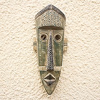 African wood mask, 'Green Giant' - Original Green West African Hand-Carved Sese Wood Wall Mask