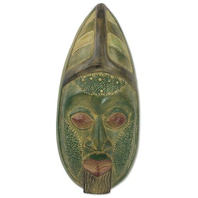 African wood mask, 'Gelede Festival' - Green West African Hand-Carved Sese Wood Replica Mask