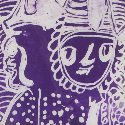 Batik cotton wall hanging, 'Ancestral Spirits' - Cotton Batik Wall Hanging in Purple from Ghana