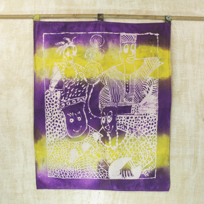 Batik cotton wall hanging, 'Ghanaian Masquerade' - Purple and Yellow Batik Cotton Wall Hanging from Ghana