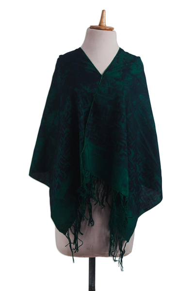 Batik cotton shawl, 'Good Thing' - Majestically Green Batik Dyed 100% Cotton Shawl with Fringe