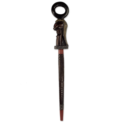 Wood walking stick, 'Ahoufe' - Hand Carved Walking Stick With Female Motif and Circular Top