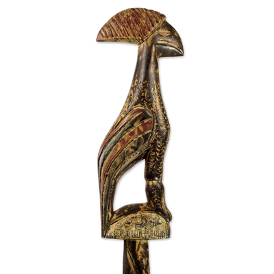 Wood walking stick, 'Rooster's Comb' - Rooster Handled Walking Stick Painted to Appear as Antique