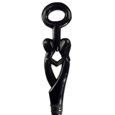 Wood walking stick, 'Lover's Embrace' - Decorative Black Wood Walking Stick made by Ghana Artisan