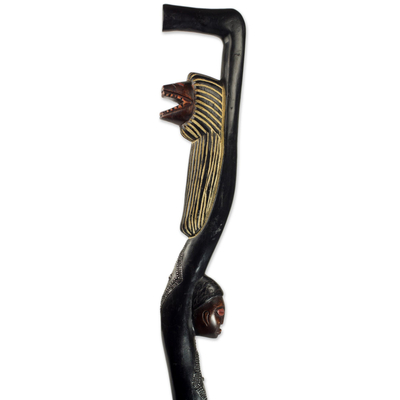 Wood walking stick, 'Osibor' - Hand Crafted Decorative Sese Wood Walking Stick from Ghana