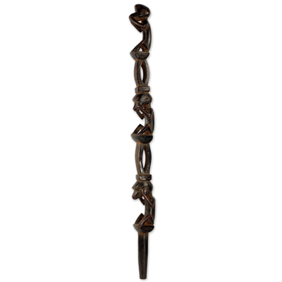Bastón de madera, 'Tres Monos Sabios' - Bastón de madera de África Occidental artesanal