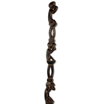 Wood walking stick, 'Three Wise Monkeys' - Artisan Crafted West African Wood Walking Stick