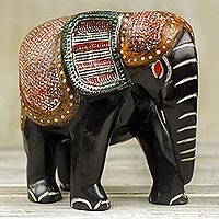 Wood statuette, 'Exotic Elephant' - Hand Carved Sese Wood Elephant Featuring Ceremonial Design