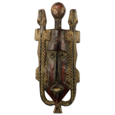 African wood mask, 'Twin Lizards' - Artisan Crafted Ghanaian Wood Wall Mask with Lizard Motif
