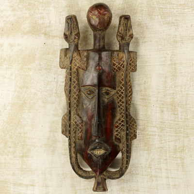 African wood mask, 'Twin Lizards' - Artisan Crafted Ghanaian Wood Wall Mask with Lizard Motif