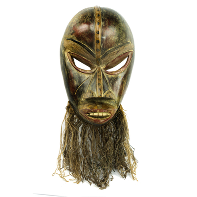 Máscara de madera africana, 'Dan' - Máscara de pared de madera de Sese tallada a mano y yute de África Occidental
