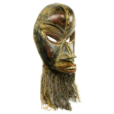 African wood mask, 'Dan' - Hand Carved Sese Wood and Jute West African Wall Mask