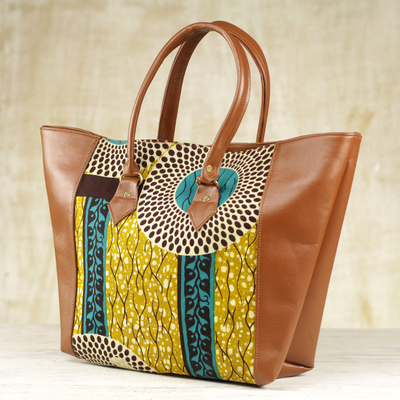 Cotton tote handbag, 'African Shopper' - Artisan Crafted 100% Cotton Handbag with Faux Leather Accent