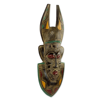 Máscara de madera africana - Máscara de pared de madera de Sese ghanesa hecha a mano con cuernos