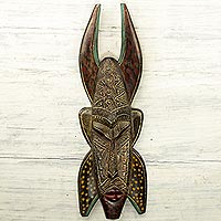 African wood mask, 'Horned Mask' - Carved and Painted Sese Wood Mask Featuring Protruding Horns