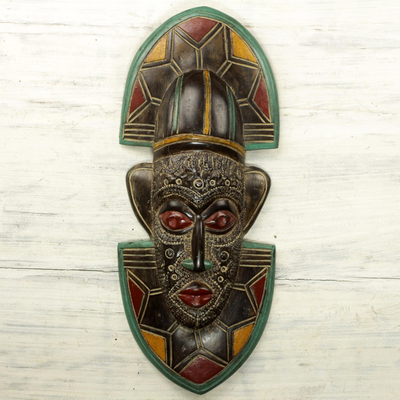 African wood mask, 'Mask of Understanding' - Hand Crafted Aluminum and Sese Wood Mask Emanating Wisdom