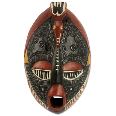 African wood mask, 'The Town Crier' - Aluminum and Sese Wood African Carved Mask of a Town Crier
