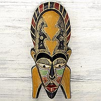 African wood mask, 'Wisdom of the Age' - Hand Carved Sese Wood Mask Covered in Beads and Aluminum