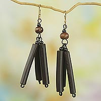 Bamboo and recycled plastic dangle earrings, 'Virtuous Woman' - Bamboo Wood Recycled Plastic Dangle Earrings from Ghana